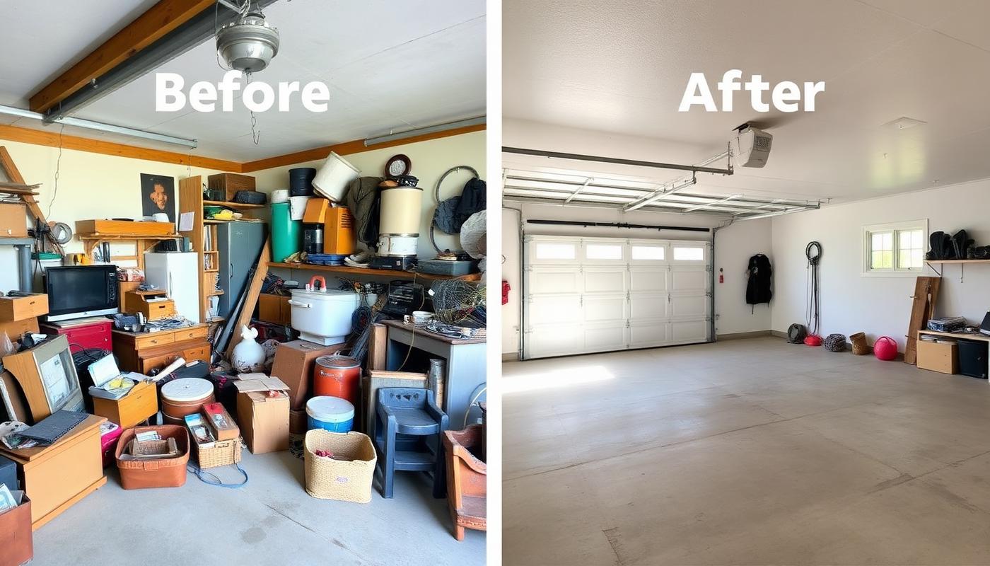 Before and after garage cleanout by Mountain Lakes Junk Removal