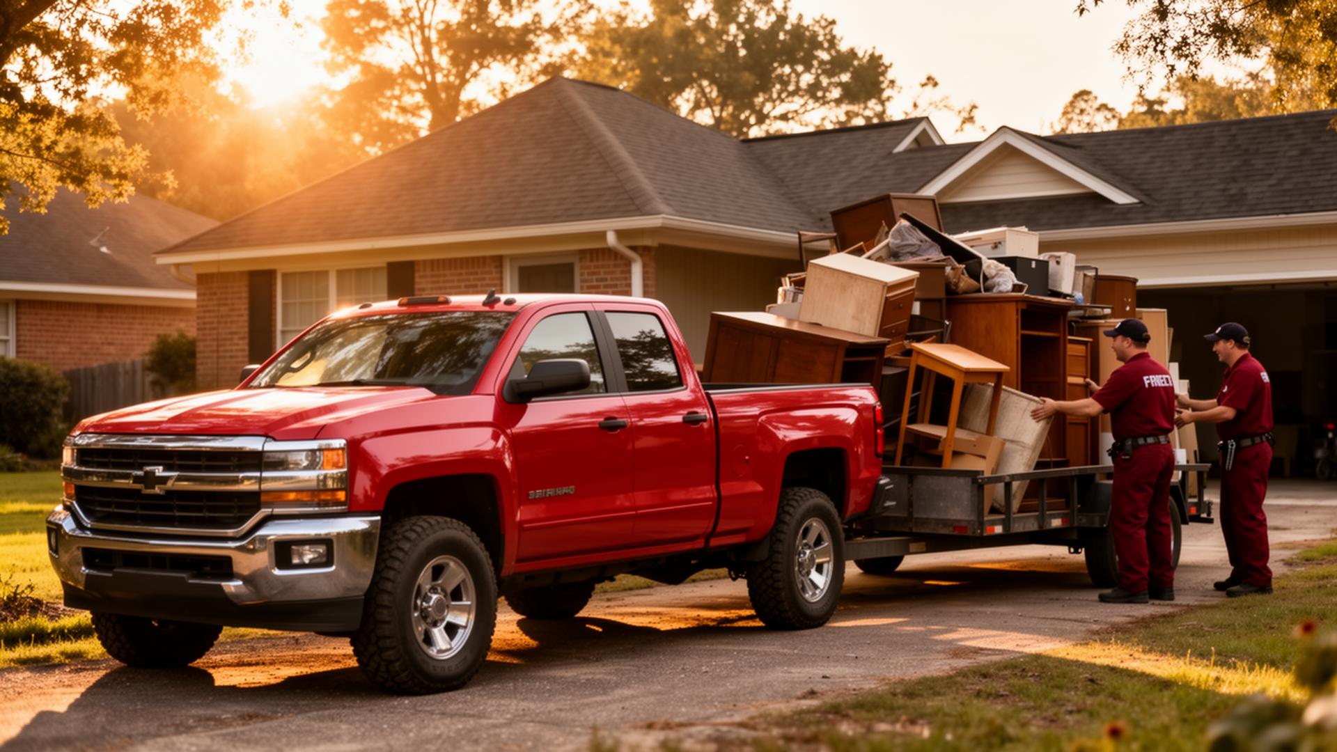 Mountain Lakes Junk Removal crew loading a trailer in Scottsboro, Alabama